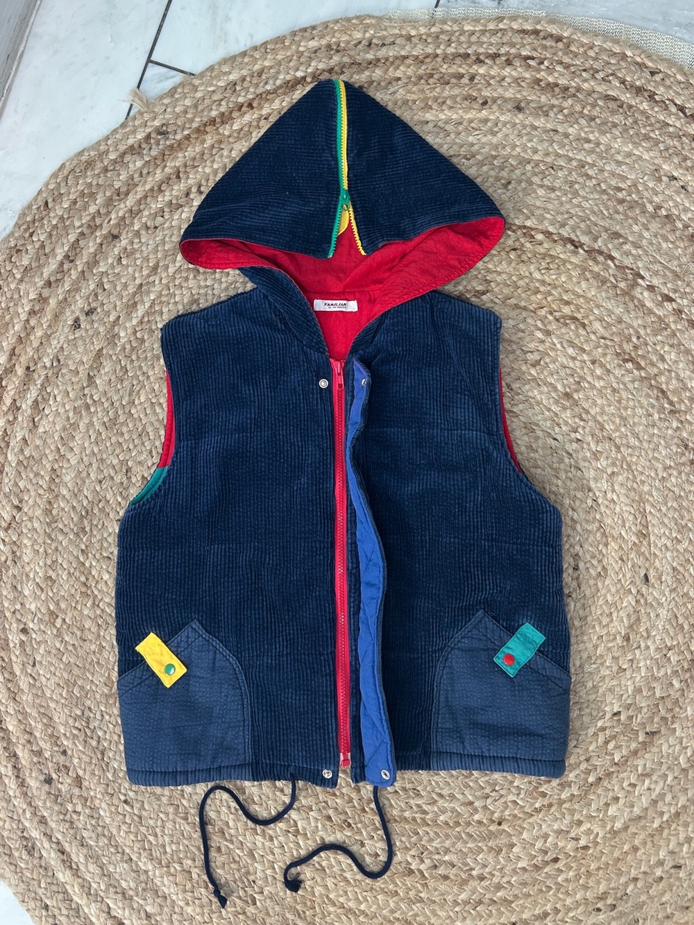 90s Vintage Corduroy Contrast Zip Up Puffer Vest Small XS Women Navy Blue Hood